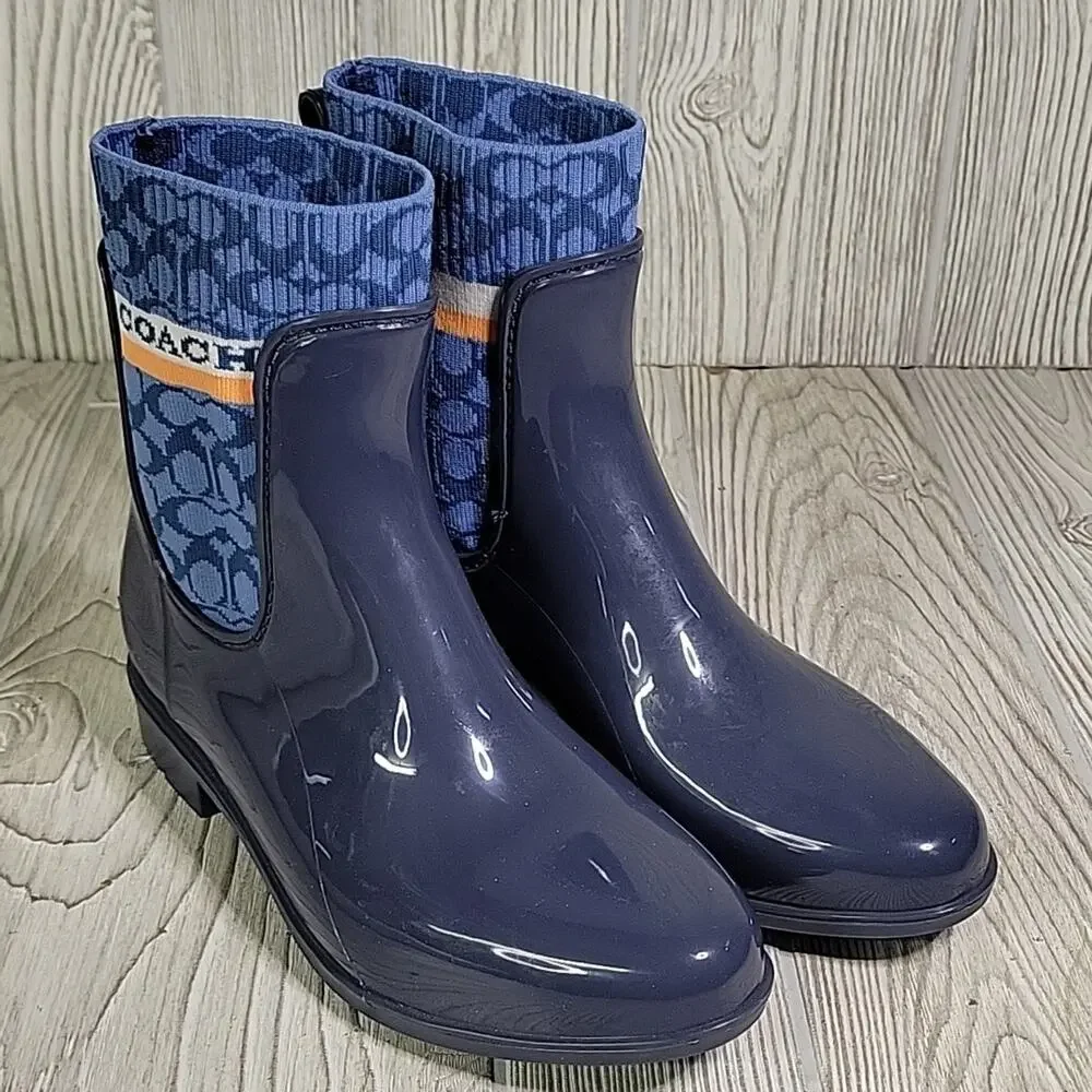 Coach Rivington Logo Navy Blue Rain Boots Womens Size 5 New - Picture 10 of 14